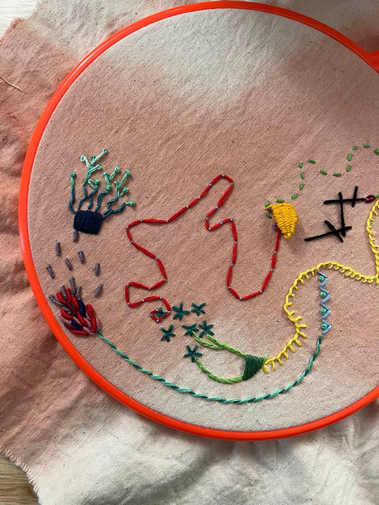 Day 18 of doodle stitching. This shows an embroidery hoop with many types of hand stitches, creating a colorful abstract picture. 