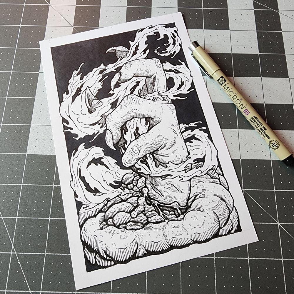 Black and white illustration of a hand and smoke.
