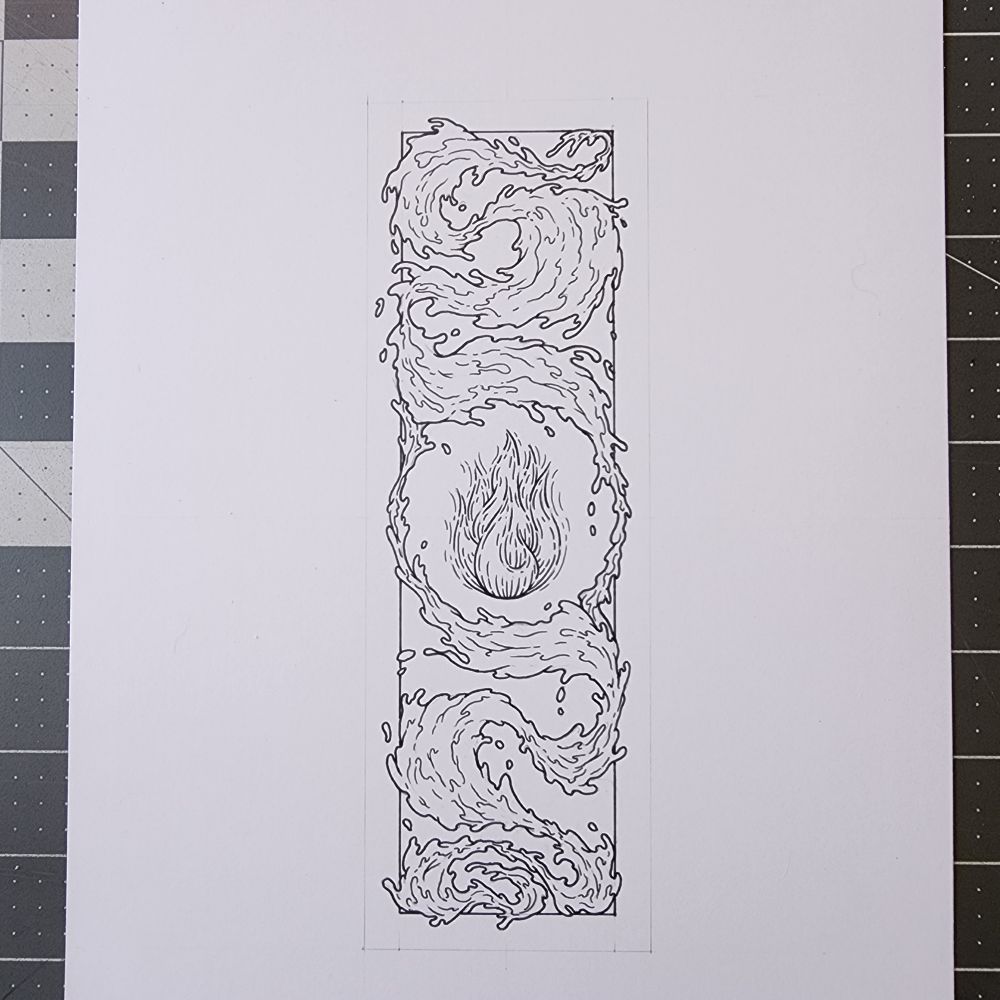 A work in progress line art of a flame surrounded by water stuff.