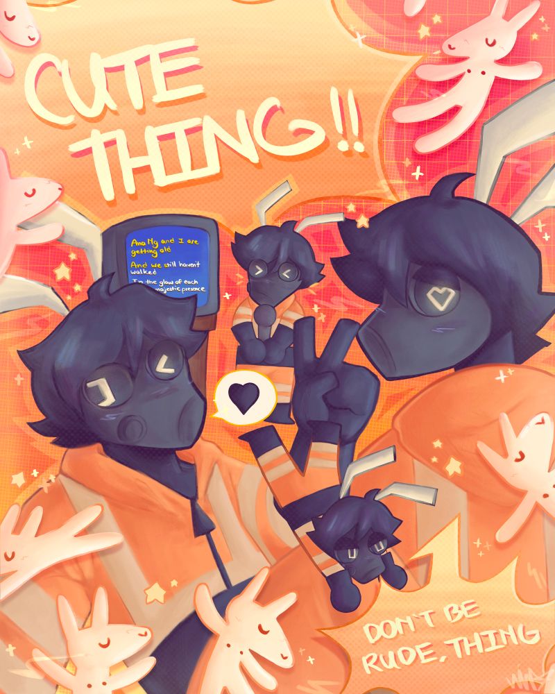 trait csh in various poses scattered throughout the canvas. many twin fantasy dogs also litter the screen. the lyrics to the song "cute thing" are quoted