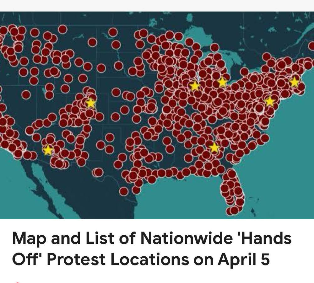 A map of the United States with a sea of red dots fully covering the blue background except in some of the most rural areas of the country. Beneath the map are the words "Map and List of Nationwide 'Hands Off' Protest Locations on April 5