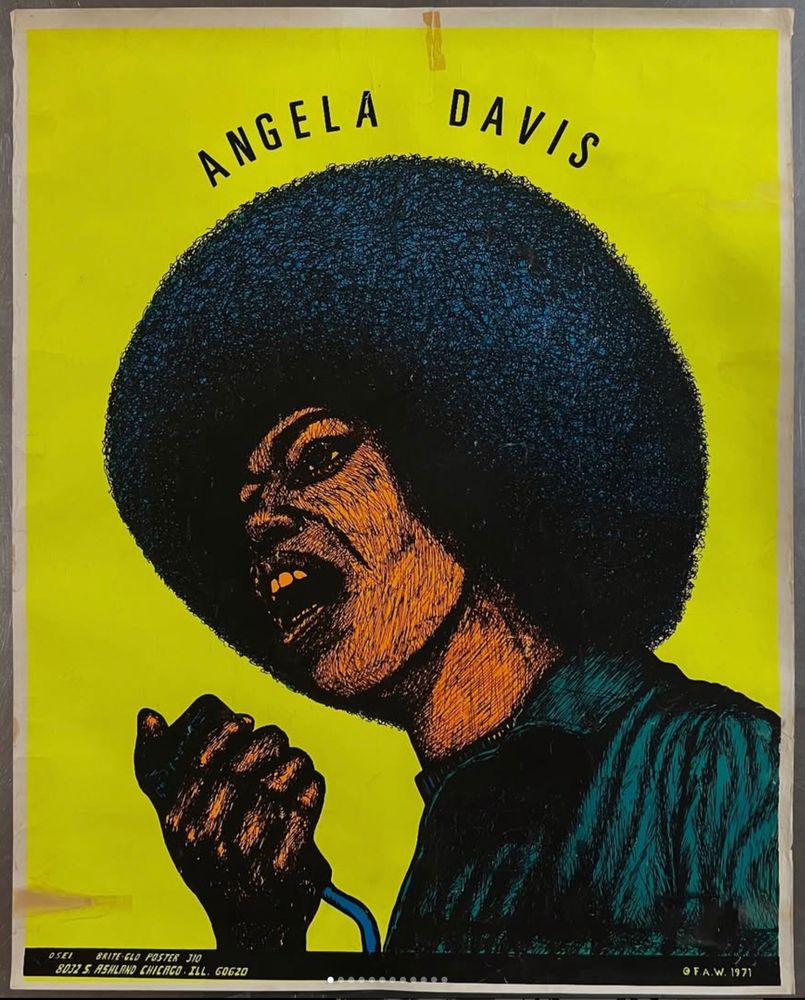 Large 1971 silkscreen poster of Angela Davis.
.
Made by Brite-Glo posters out of Chicago, illustration credited to F.A.W. Super heavy ink on porous art paper. Striking fluorescent ink. I think the orange might even be paint. Photos came out a bit dull; super vibrant in person.
.
Approx 23x29in. In overall good condition, tear to middle top that’s been repaired with transparent tape on the back and light blemishes that are evident in the photos.