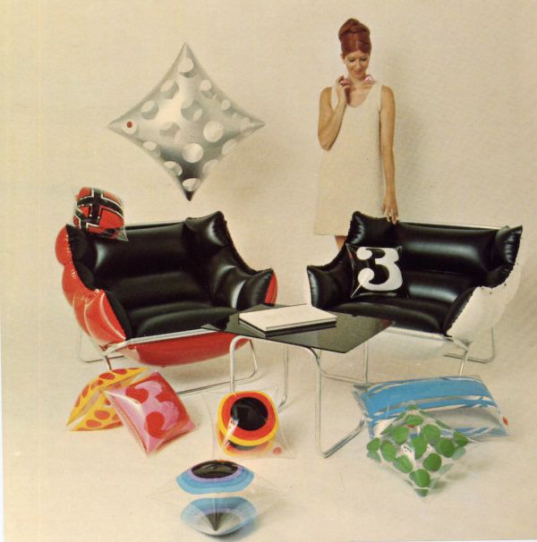 colorful inflatable art objects, pillows, chairs