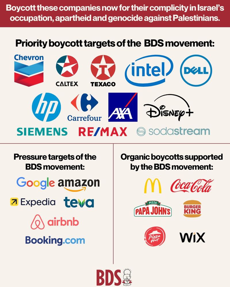 boycott these companies but for their complicity in israel's occupation, apartheid and genocide against palestinians

priority boycott targets of the bds movement: 
chevron
caltex
texaco
intel
dell
hp
carrefour
axa
disney
siemens
re/max
sodastream

pressure targets of the bds movement:
google
amazon
expedia
teva
airbnb
booking.com

organic boycotts supported by the bds movement: 
macdonald's
coca-cola
papa john's
burger king
pizza hut
wix

BDS
