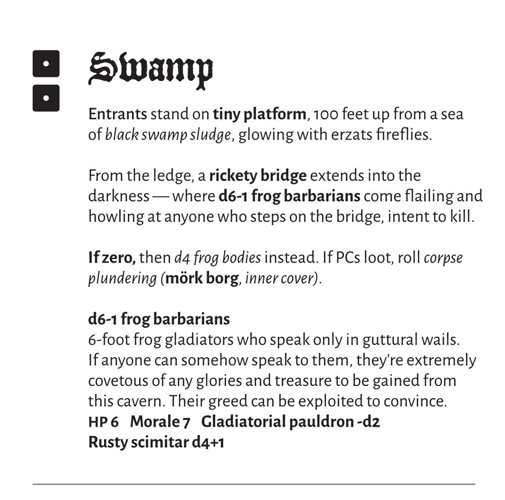 Room one: Swamp. Disgusting slop lies below a rickety bridge, where giant frogmen wildly scream and hack at you. Prompt: Frogs