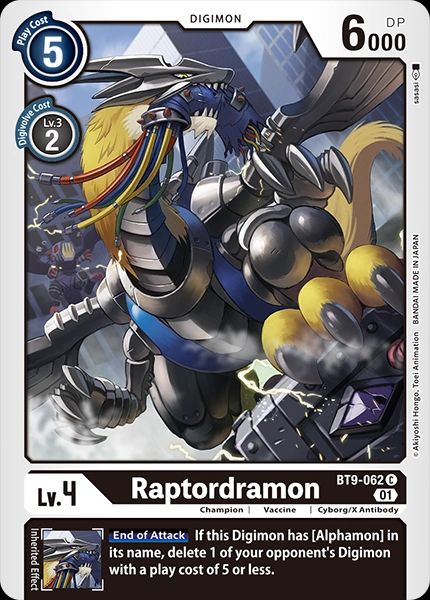 a raptordramon card from the digimon trading card game. the art shows a raptordramon ripping apart a dexdorugamon, holding a severed tail in its jaws with ripped wires dangling from it