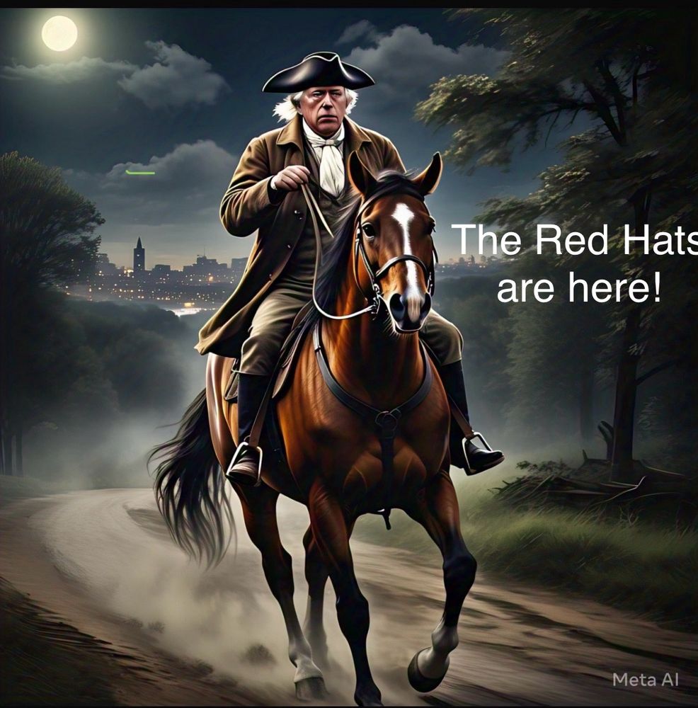 There is an image of Bernie Sanders as Paul Revere riding a horse at night. There is a caption that reads The Red Hats are here!
