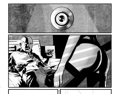A drunk man and a prostitute in a hotel. Art by Vince Underwood 