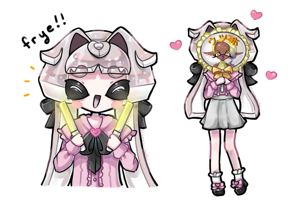 My splatsona Frill cheering for Frye in a jirai kei / ryousangata getup