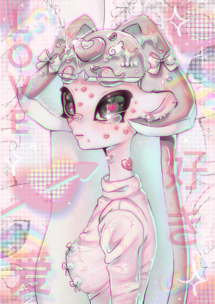illustration of my sona Frill
she has tiny heart shaped acne scattered around her face! As well as a heart shaped tear (infected with love it seems !! :0 )
she wears many hair accessories (mimicking decora fashion a bit), and a colorful background resides behind her
the words in the background say “LOVE,” “好き,” (Japanese for “like”) and “爱” (Chinese for “love”). All ways to express romantic affection 🫀💗
