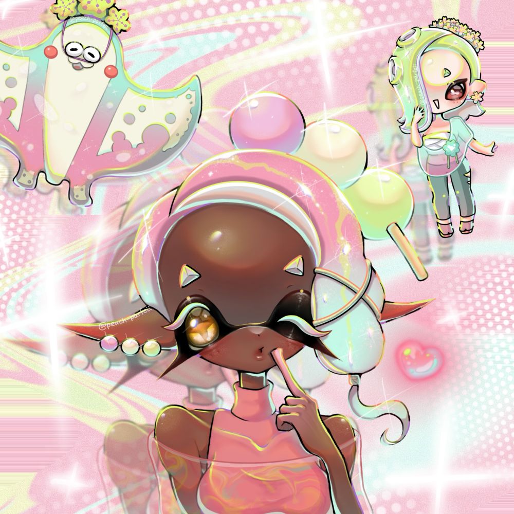 Frye, Shiver, and Big Man from splatoon in their springfest outfits !!!
Frye is in the center blowing a kiss, and Shiver & Big Man are lil chibis :3