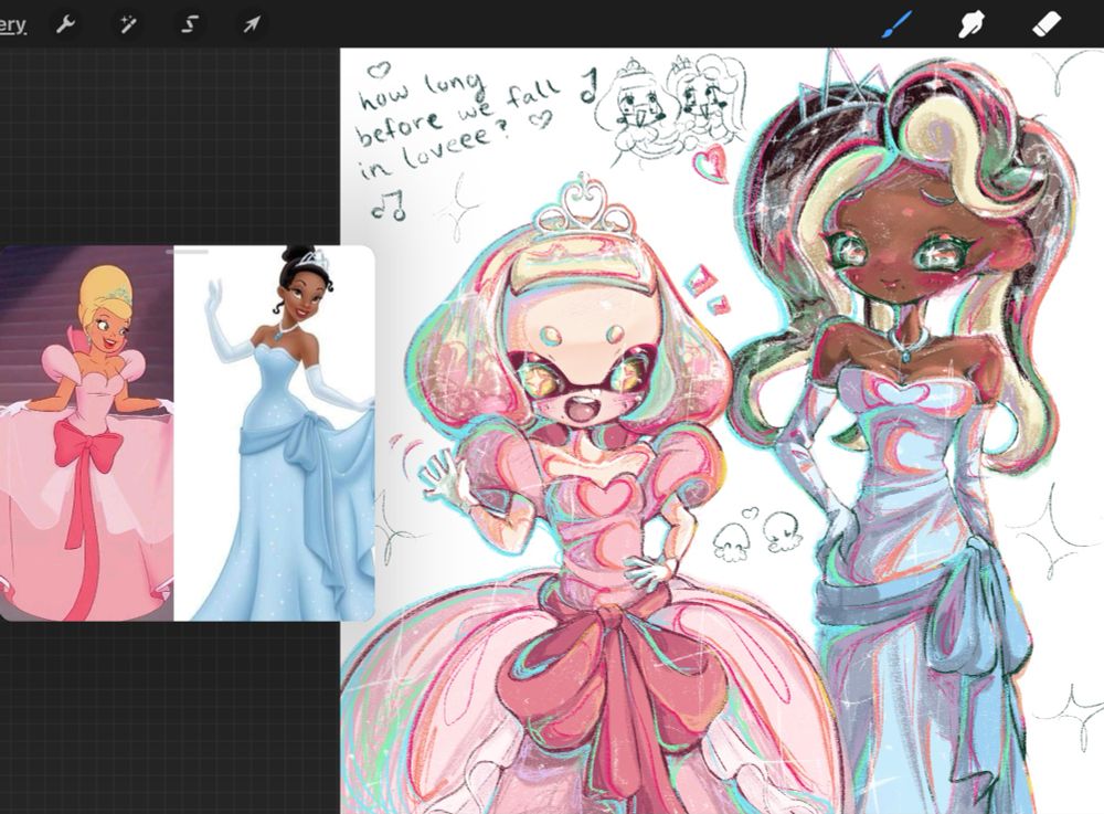 doodle of pearl and marina from splatoon dressed up as charlotte and tiana from princess and the frog!!