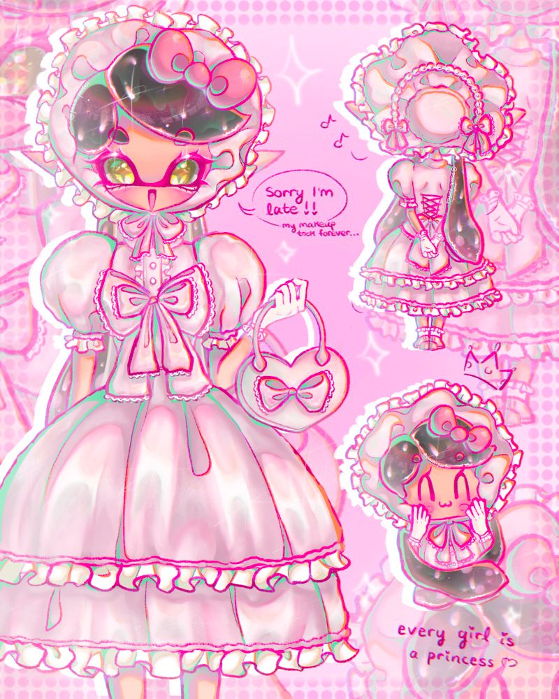 Callie from Splatoon drawn to look like my phone charm ! She’s pink from head to toe. Her outfit is hime gyaru / sweet lolita inspired. Her makeup is drawn to look like gyaru makeup. And she wears hello kitty’s pink bow at the top! 🎀
The text reads, “Sorry I’m late!! My makeup took forever…”  and, “Every girl is a princess”