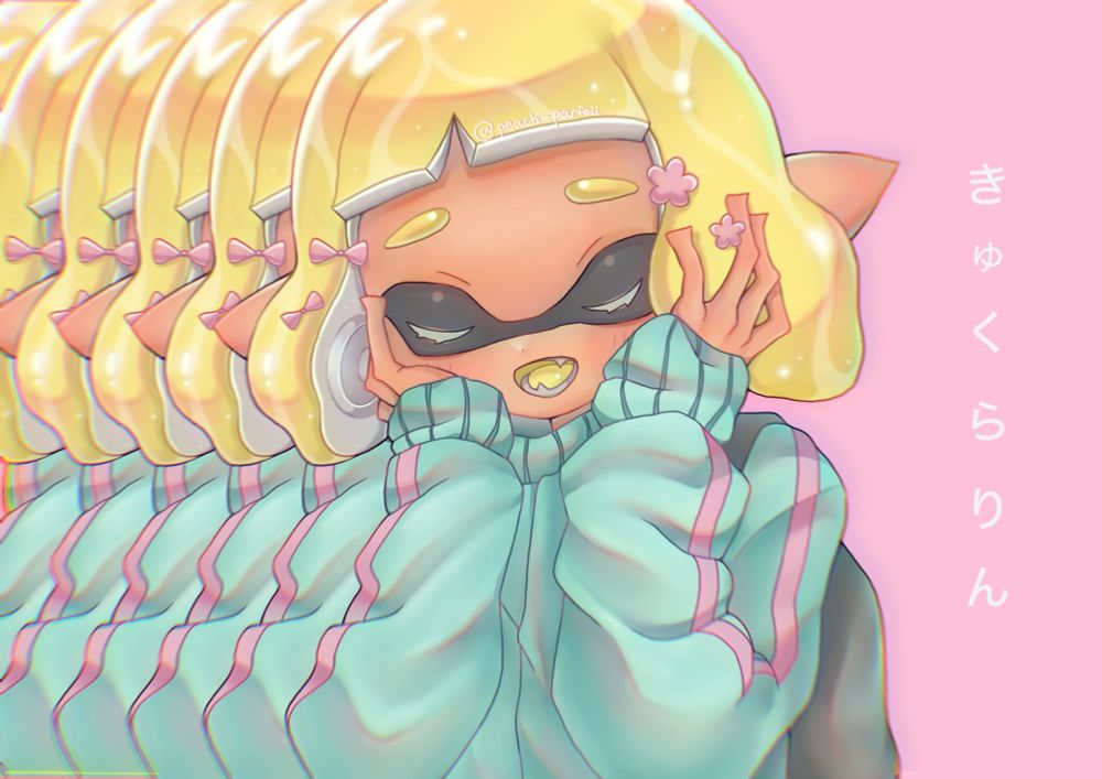Oh no! Agent 4 with depression! :’0

A illustration of Agent 4 from Splatoon as Kyukurarin, a song by Iyowa
The Japanese text says “Kyukurarin” !