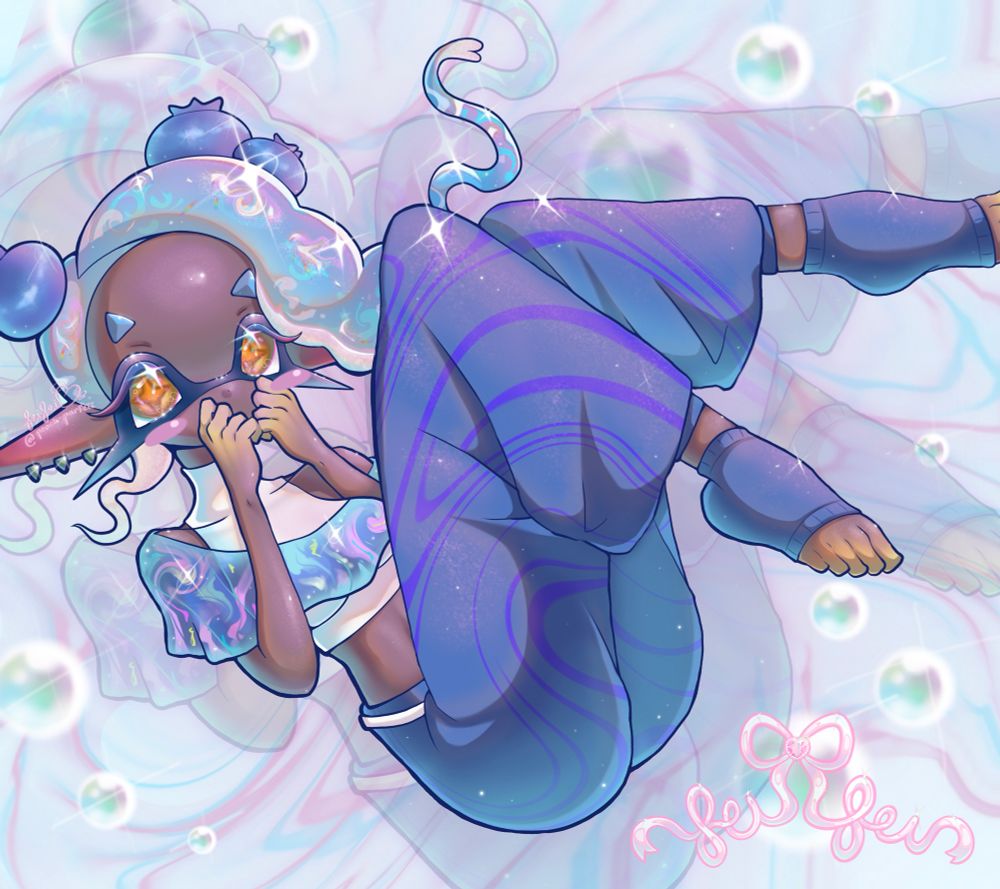 Frye from Splatoon in her Summer Nights outfit. Shes in a curled up pose and she appears to be floating. Behind her in the background, swirls and bubbles are all around!