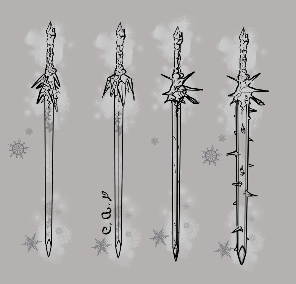 Four concept arts for a ice sword. They have different degrees of transparency, formats, types of shards and reflections, but they all look very rustic. One of them have a metal blade inside it. There are snowflakes and icy air floating around them.