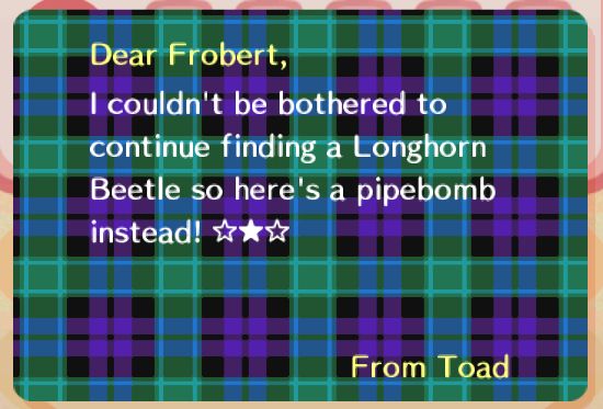 A letter:
'Dear Frobert,
I couldn't be bothered to continue finding a Longhorn Beetle so here's a pipebomb instead!
From Toad'
(Gift was Fountain Fireworks)