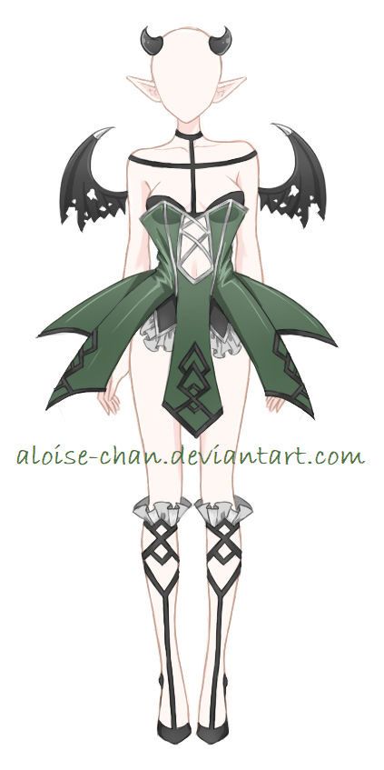 a sexy green and black outfit with lots of lines and frilly fabric. It says “aloise-chan.deviantart.com” across the image.