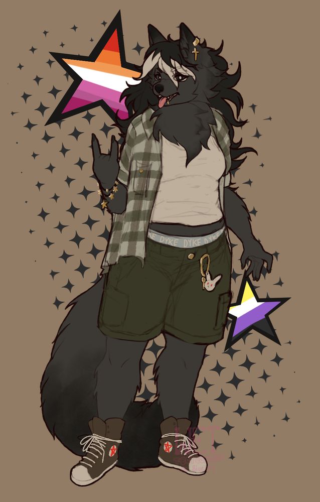 androgynous black wolf furry. They are wearing a wife-pleaser, green cargo shorts, a flannel, convers, boxers with the word “dyke” repeating across the waste band with various gold jewelry. they have lesbian and nonbinary flags overlayed on 2 stars in the background. This character is doing the devil horns symbol with one hand with their tongue sticking out. 