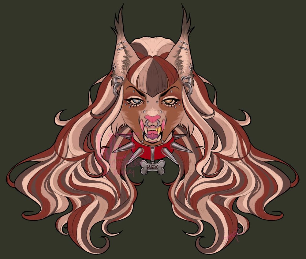 digital art of snarling lynx fursona. it has long calico colored hair and many piercings. Its split tongue is licking its chops and drooling. It is wearing a spikey collar with “REX” written on a bone shaped tag. 