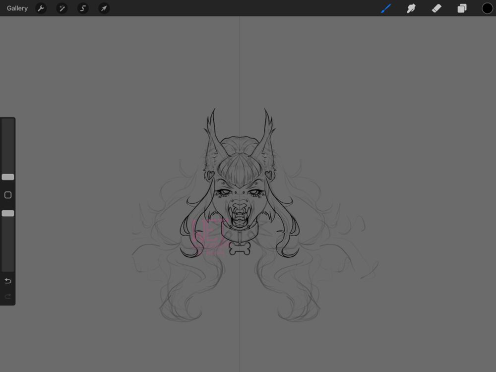 part sketch, part lineart of an anthropomorphic snarling lynx, licking its chops with a split tongue. He has big hair, many peircings, and is wearing a dog collar