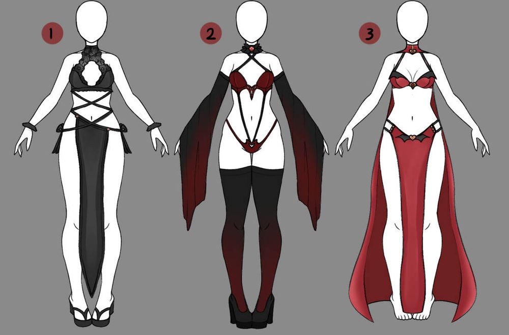 a group of 3 outfits, all black and red. They are fantasy lingerie. There is no visible credits on the image.