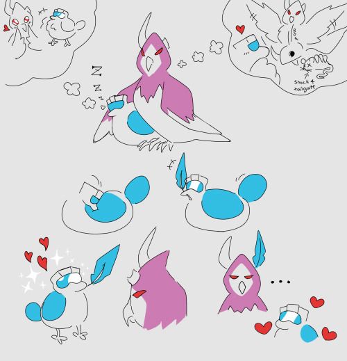 Cyclonus and tailgate from transformers idw more than meets the eye, but as various doodles of them as a falcon and pigeon.
Cyclonus draping his wing over Tailgate as he sleep, dreaming of courting Cyclonus the pigeon way, with a big puffed out chest and feathers and being suitably impressed. Cyclonus by comparison, is thinking of also courting Tailgate, albeit the falcon way, with gifts of dead mice and bowing etc. 

Another set of doodles depict tailgate preening his feathers before plucking out a large feather, and presenting it to Cyclonus as a replacement for his broken horn.
