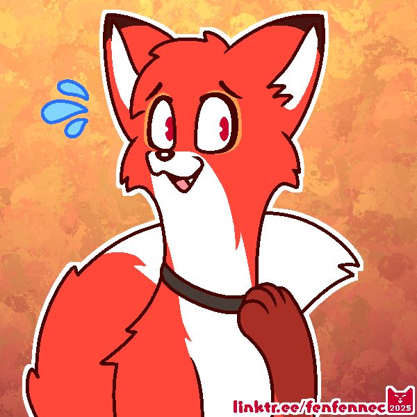 Tod from Disney's "The Fox and the Hound."

A male red fox with a desaturated collar around his neck, smiling nervously with his paw on his chest.