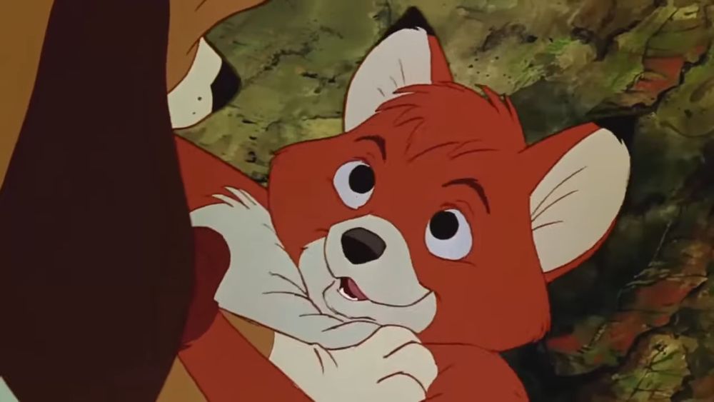 Movie: Disney's "The Fox and the Hound" (1981)

Copper, a hound puppy, pinning down Tod, a red fox kit. Tod smiles at Copper as he looks at him.