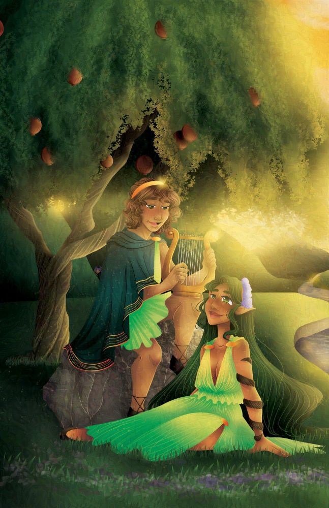 Orpheus sits on a rock, playing his lyre, while Eurydice sits in front of him, listening. Behind them is a pomegranate tree, and in the background are rolling hills with the glow of sunlight coming through the leaves of the tree.