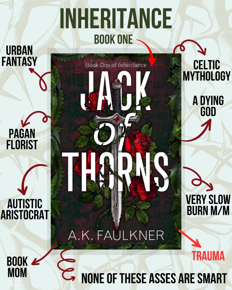 Graphic showing the cover of Jack of Thorns, by AK Faulkner, with arrows pointing to the contents within:
Urban Fantasy
Pagan Florist
Autistic Aristocrat
Book Mom
Celtic Mythology
A Dying God
Very Slow Burn M/M
TRAUMA
None of these asses are smart