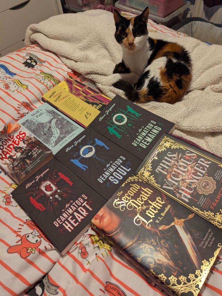 Books:
The Bone Raiders, Jackson Ford
Wolf's Path, Joyce Chng
Lost in the Archives, E Saxey
The Reanimator's Heart, The Reanimator's Soul, and The Reanimator's Remains, Kara Jorgensen
The Second Death of Locke, VL Bovalino
This Vicious Hunger, Francesca May

Bonus:
Calico cat in the background 