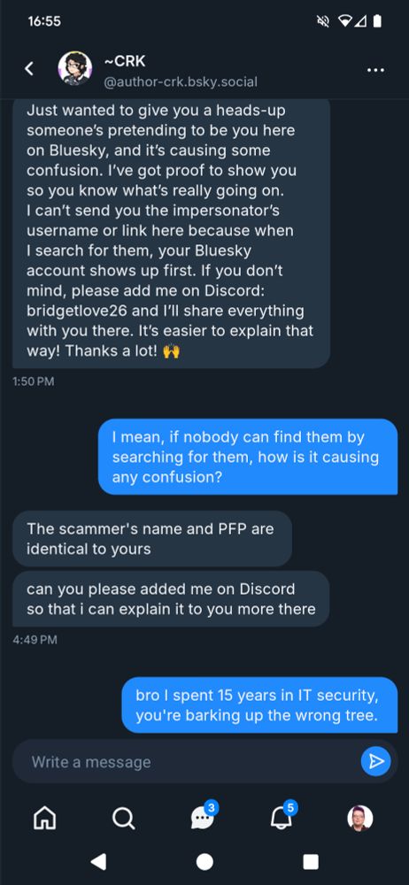 DM conversation wherein @author-crk.bsky.social attempts the "someone's pretending to be you on Bluesky" scam