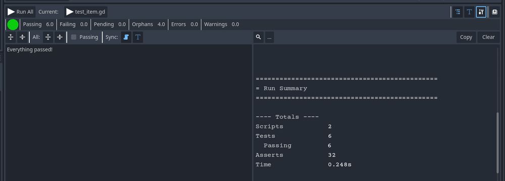 Godot Unit Testing (GUT) panel in the Godot UI. Displays a button to Run All with a status message stating "Everything passed!" On the right, it displays a run summary indicating that two test scripts were executed, which included six tests with a total of 32 assertions.