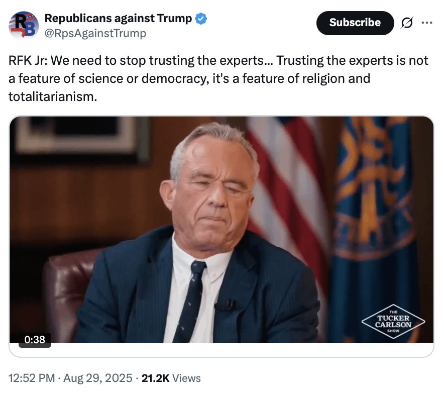 Screen capture of RFK Jr saying “trusting the experts is not a feature of science or democracy.”
