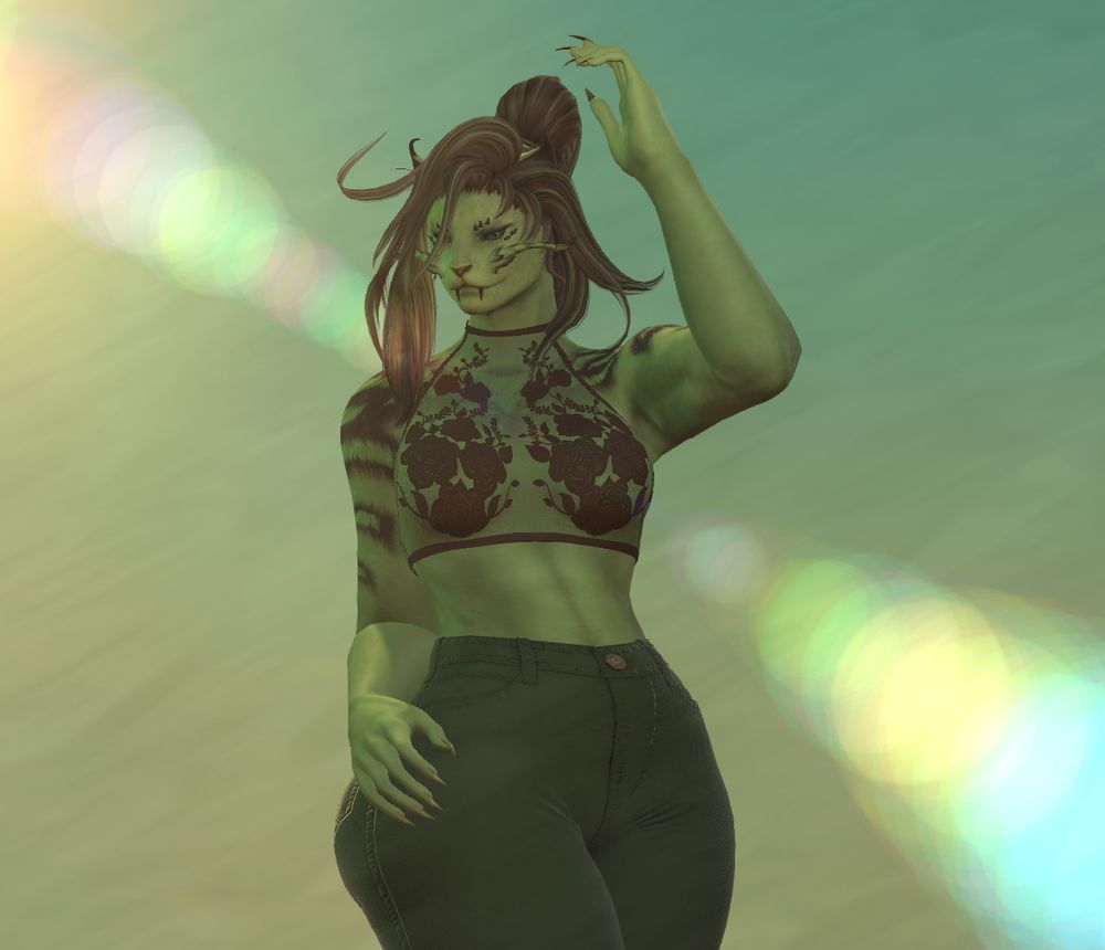 Mint chocolate chip themed cat posing with a sun beam from behind her. The color palette is inspired by Sycross.