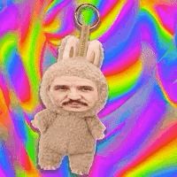 Pedro Pascal as a light brown labubu swinging with a liquid rainbow background 