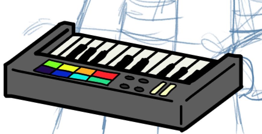 lineart and flat color drawing of a portable, keyboard-style MIDI controller 