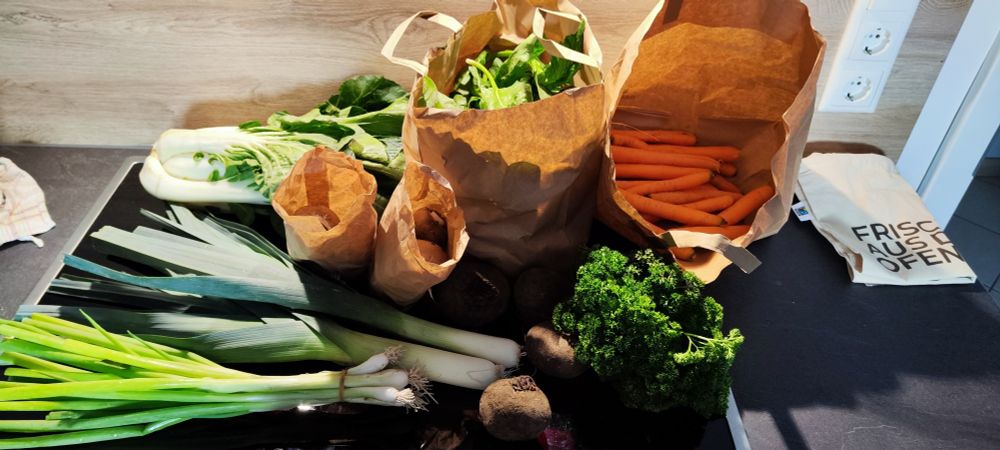 Viel Gemüse ausgebreitet auf dem Herd und der Arbeitsplatte in der Küche, an der Seite liegt ein Leinen-Brotbeutel.