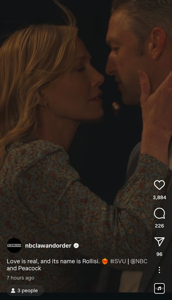 A screen shot of Amanda Rollins about to kiss Carisi for the first time, taken from a video posted on Instagram by @ nbclawandorder 