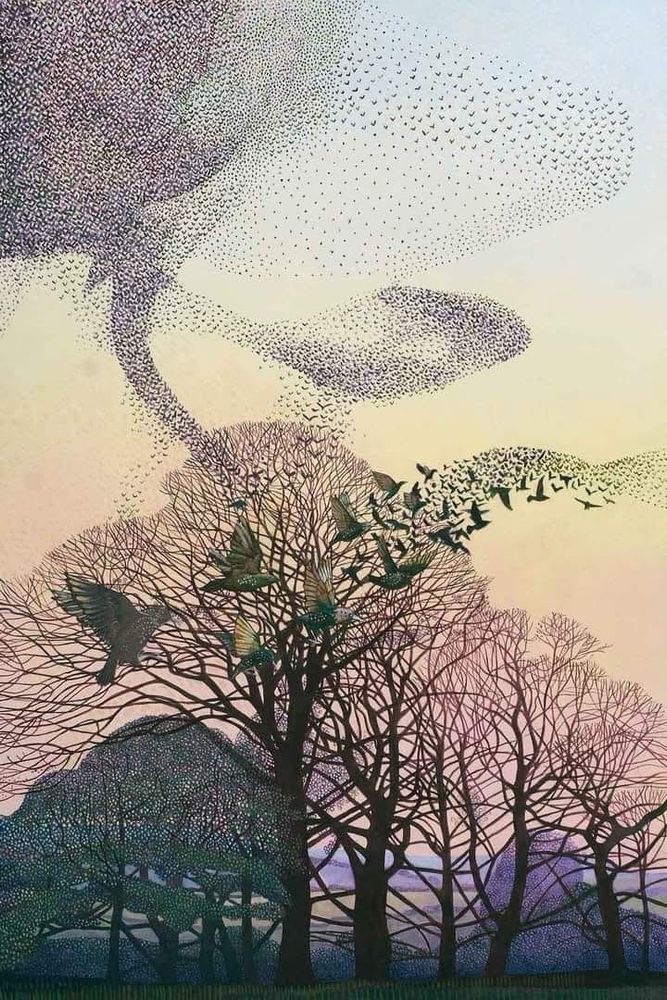 Starling murmuration over trees.