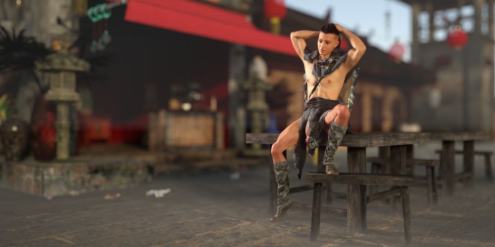 A hunky 20-something Sokka attired in skimpy fur clothing, sitting atop a table in a Fire Nation village.  But his big pendulous dong is hanging out.