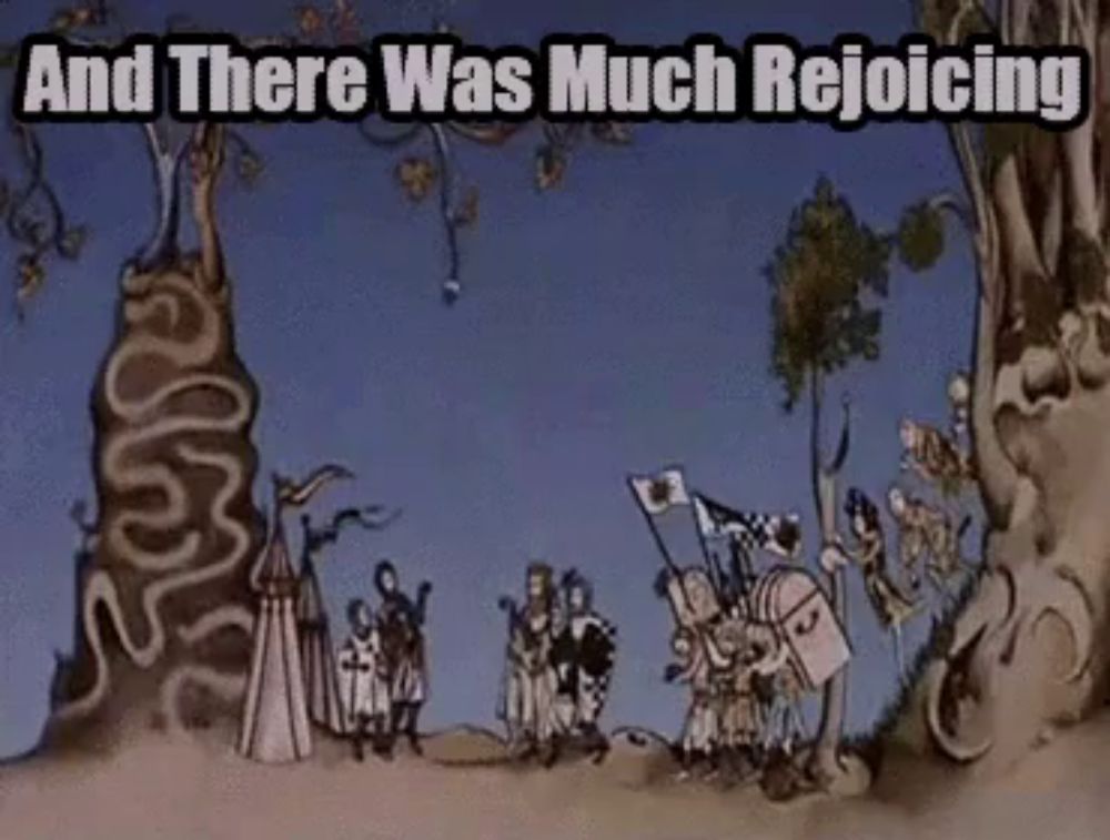 a cartoon scene with the words and there was much rejoicing on the bottom