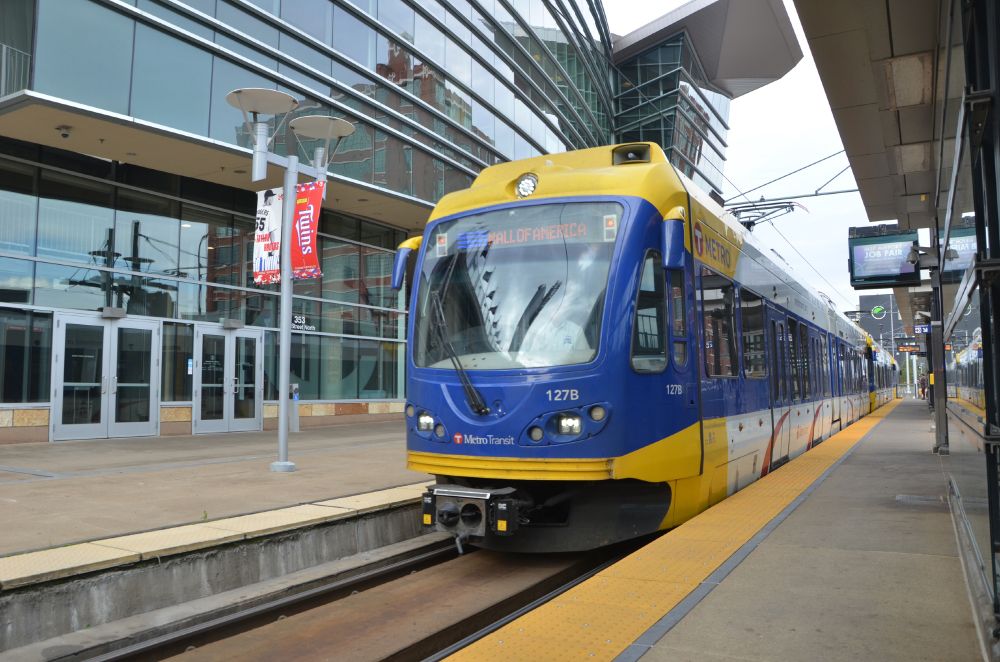 A Blue Line train car at the station.