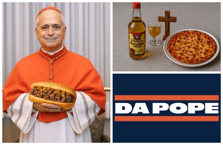 The new pope holding an Italian beef, and a thin crust pizza with a cross and a bottle of malort