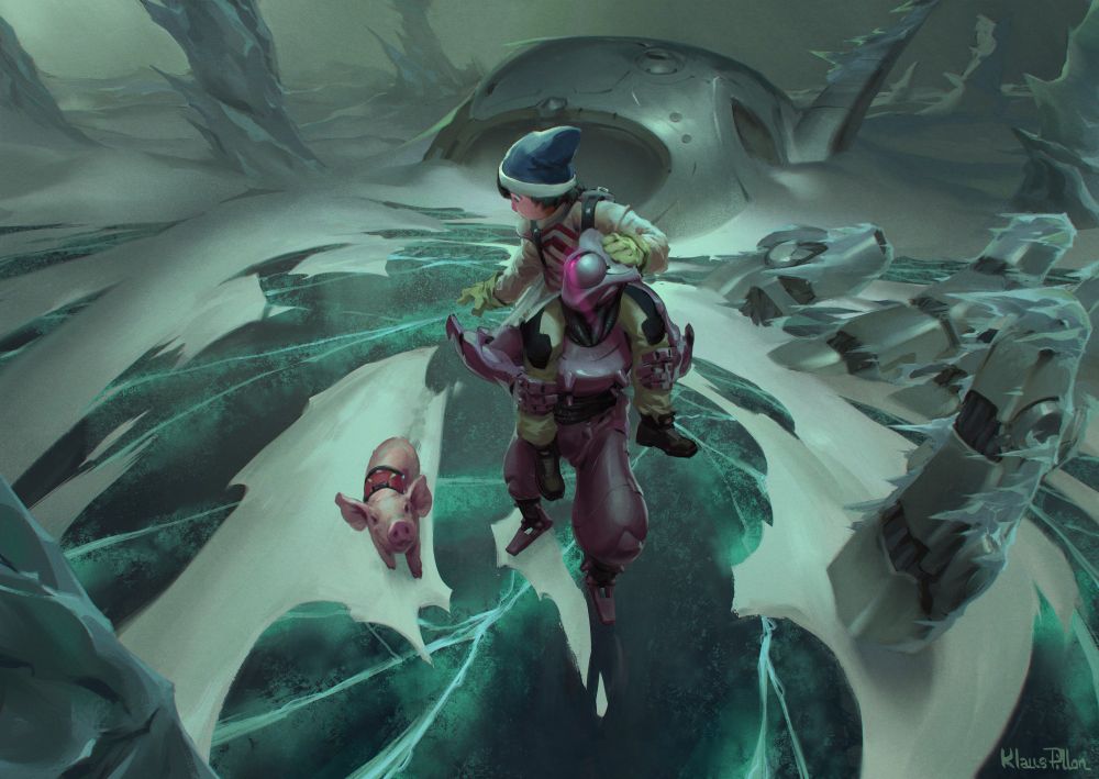 A kid is sitting on the shoulder of a robot, adressing his companion pig in a frozen setting where a big mech is half buried in an icy lake