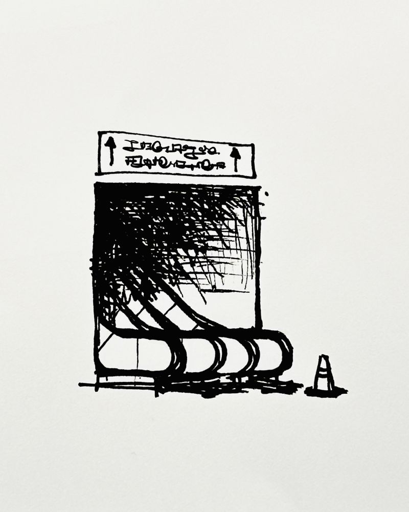A sketch of the bottoms of escalators leading up into a darkened opening, with a sign overhead containing asemic verbiage “indicating” where they lead