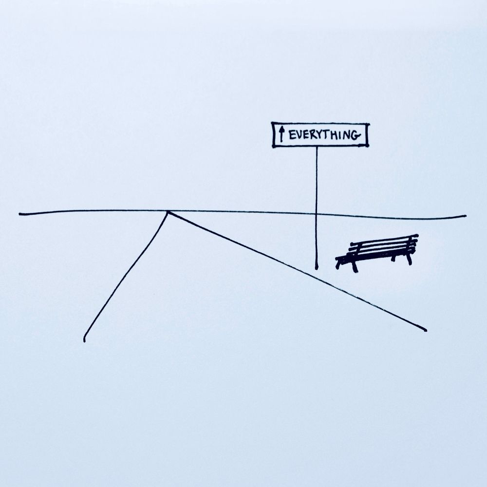 A quick drawing of a straight road stretching forever to a completely featureless horizon, with a sign in the foreground pointing downroad and a bench next to the sign facing the horizon 