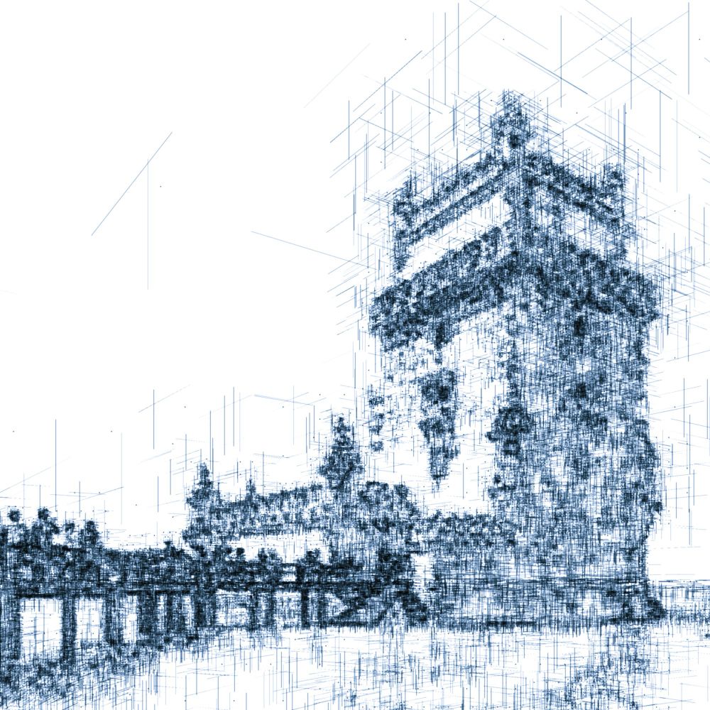 A digital rendering of 16th-century Belém Tower in Portugal, composed of dark blue axonometric hatch lines