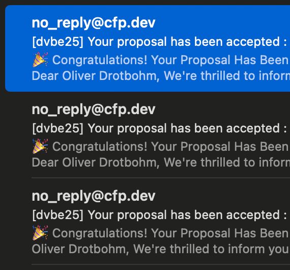 Screenshot of an email inbox showing three talk proposals accepted for Devoxx Belgium.